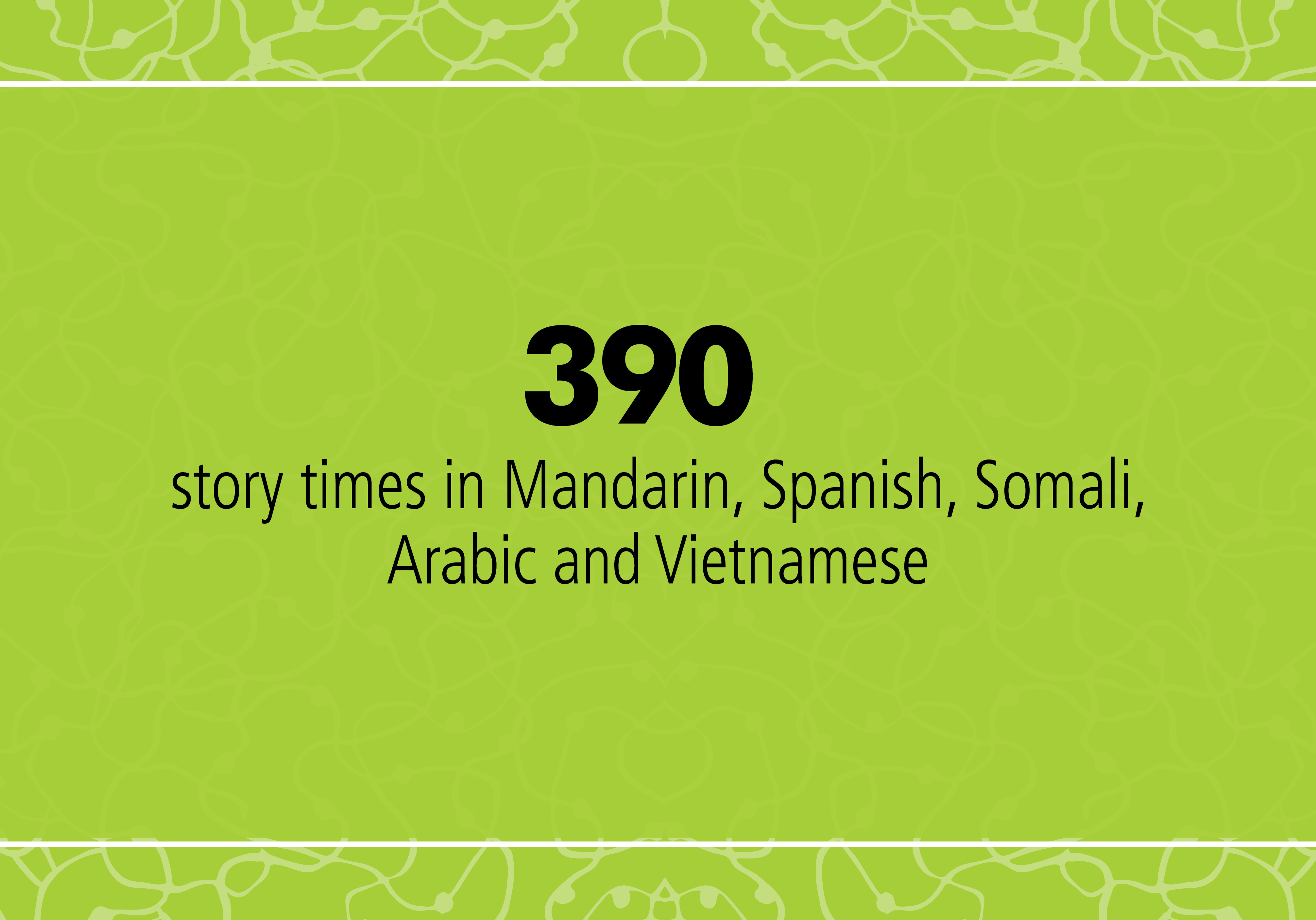 390 story times offered in Mandarin, Spanish, Somali, Arabic and Vietnamese