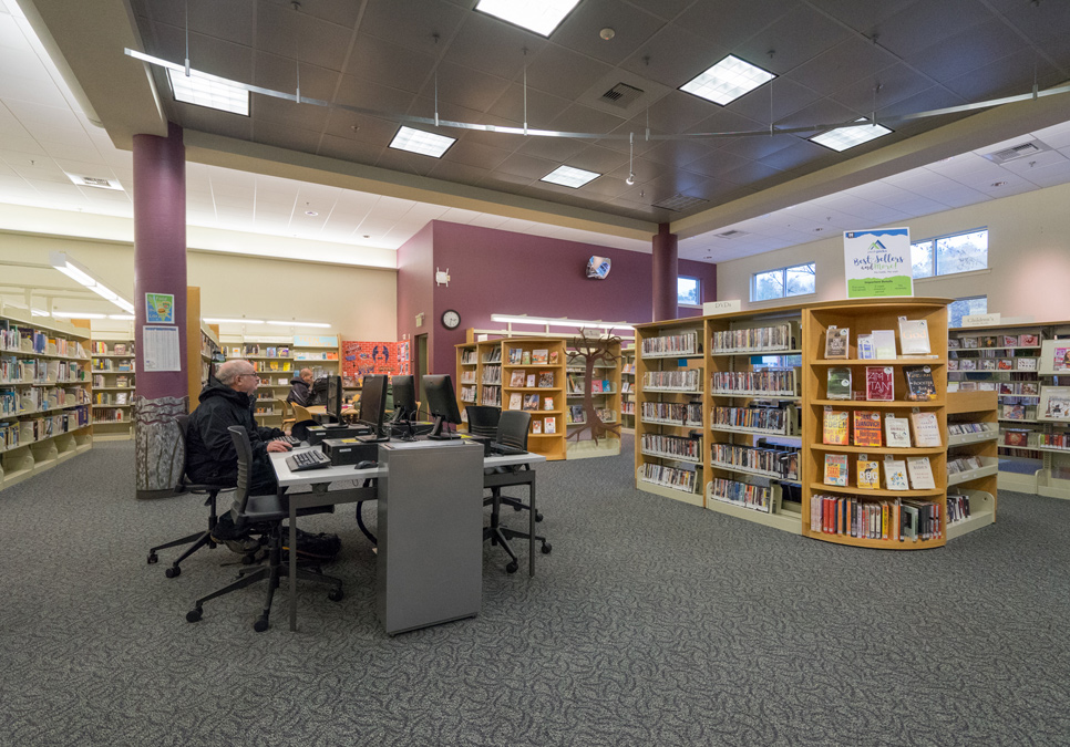 Library patron using public computer at the Delridge Branch