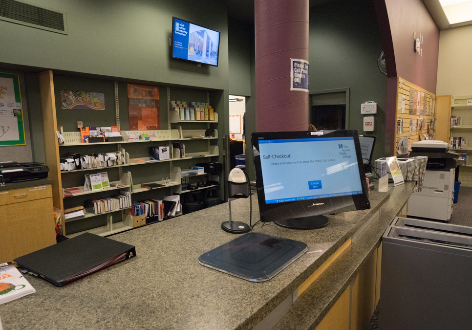 Self-checkout station at the Delridge Branch