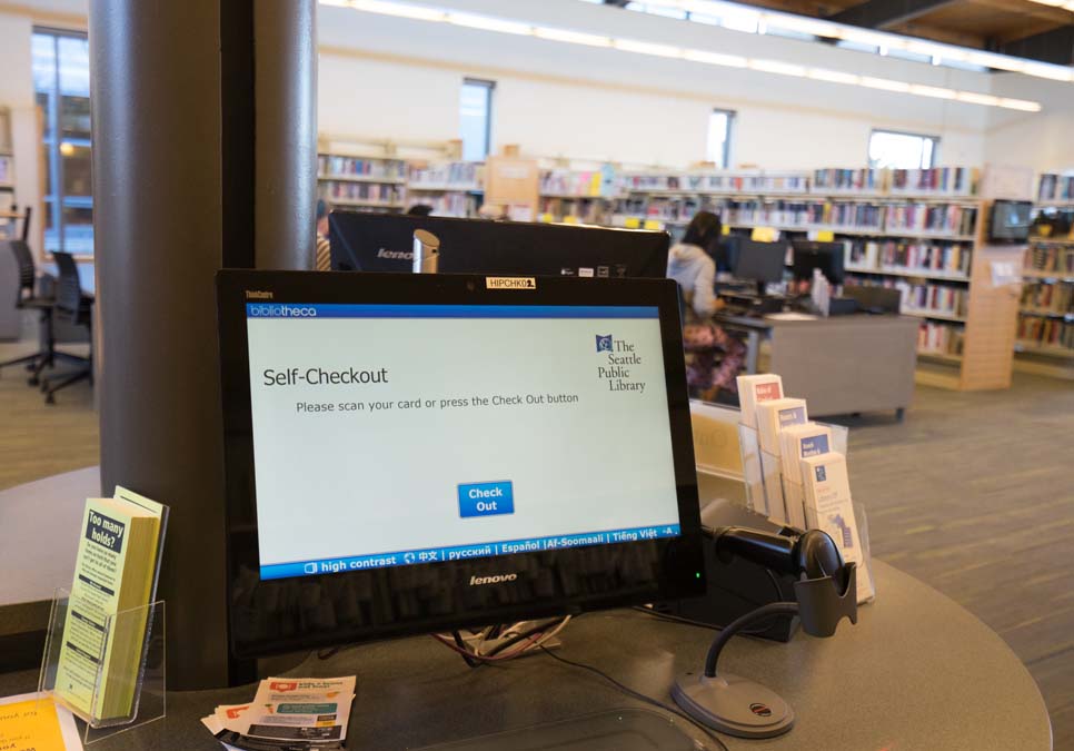 Self-checkout station at the High Point Branch
