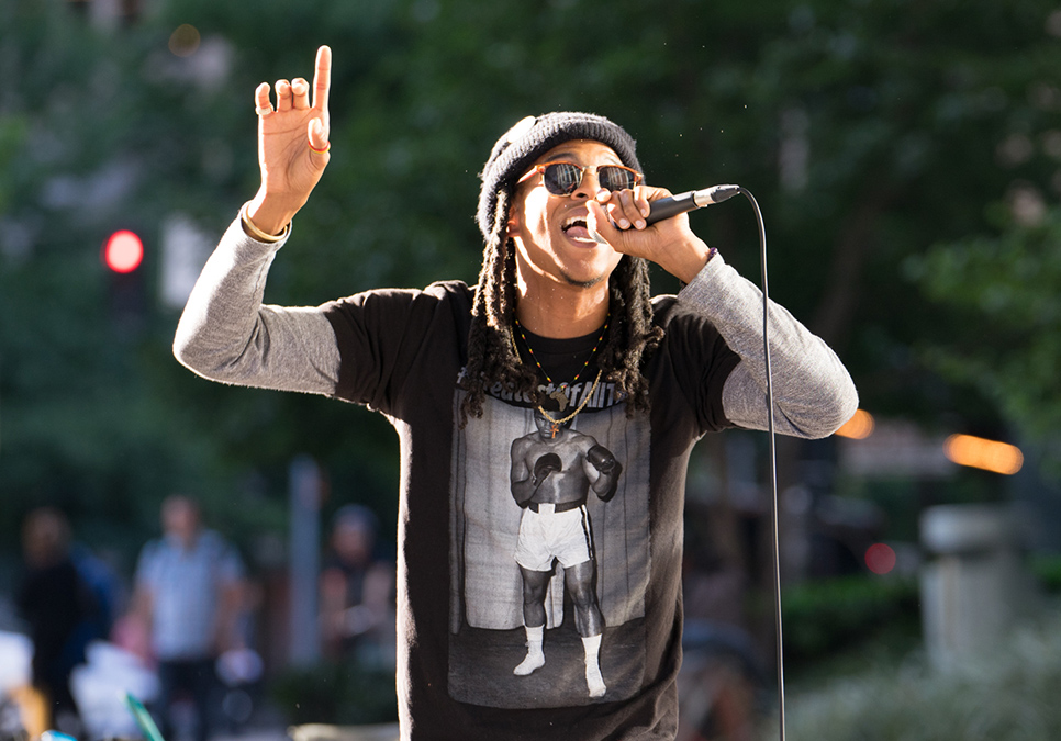 Performer at art on the plaza event at the Central Library