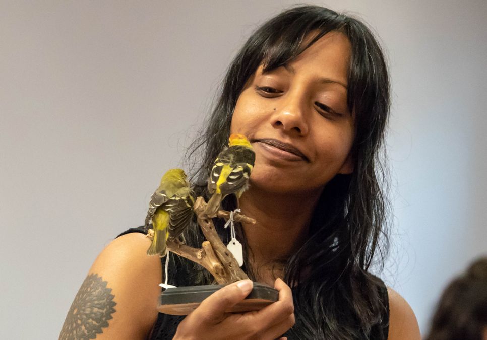 Mita Mahato holding a bird specimen and offering drawing tips