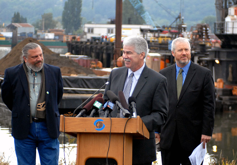 Photo of Mayor McGinn attends Duwamish Slip 4 Cleanup Press Conference with James Rasmussen; Dennis McLerran, Administrator, EPA Region 10, 2011