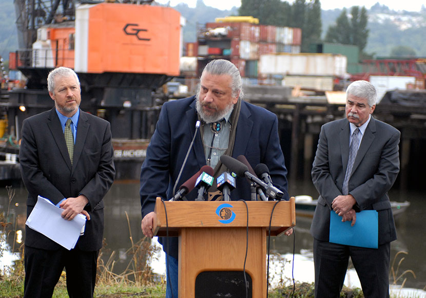 Photo of Mayor McGinn attends Duwamish Slip 4 Cleanup Press Conference with James Rasmussen; Dennis McLerran, Administrator, EPA Region 10, 2011