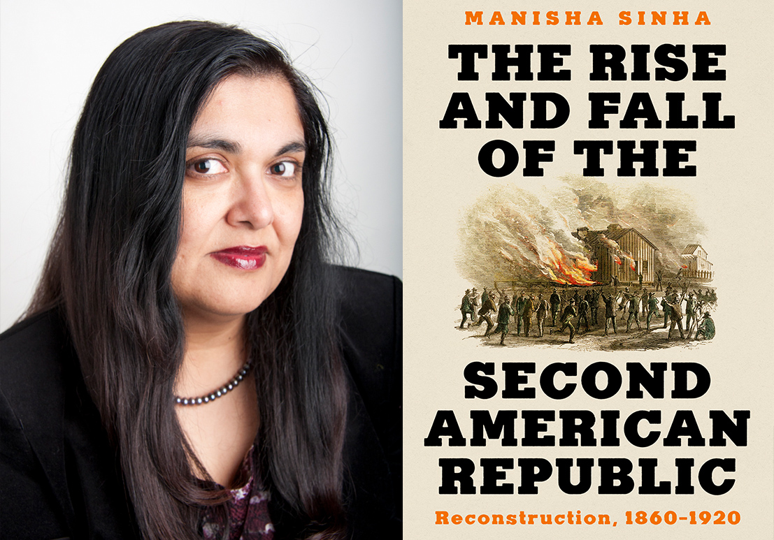 Dr. Manisha Sinha and the cover of the book 'The Rise and Fall of the Second American Republic'