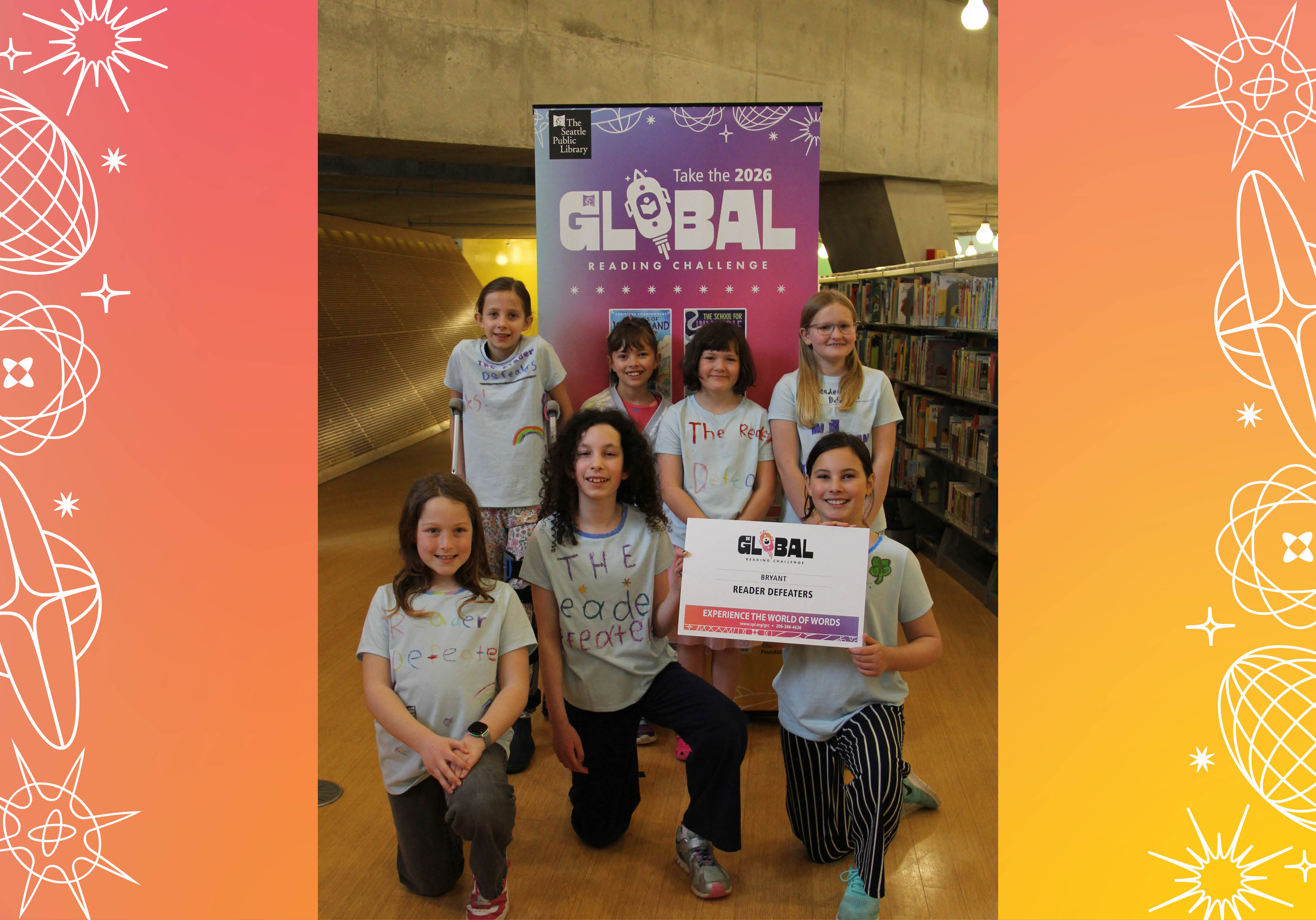 Seven members of Bryant's Reader Defeater posing with sign