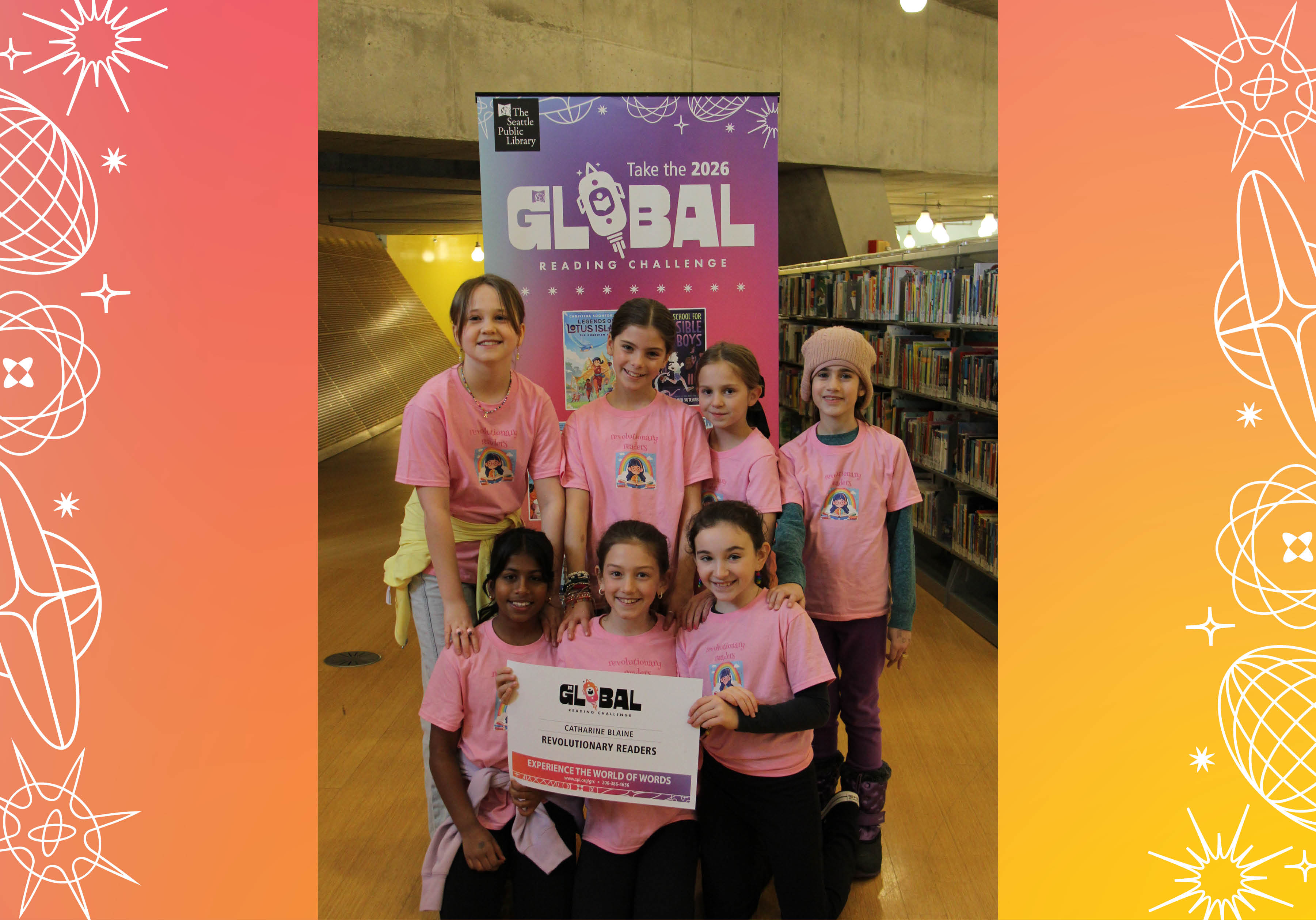 Seven members of Catharine Blaine's Revolutionary Readers posing with sign