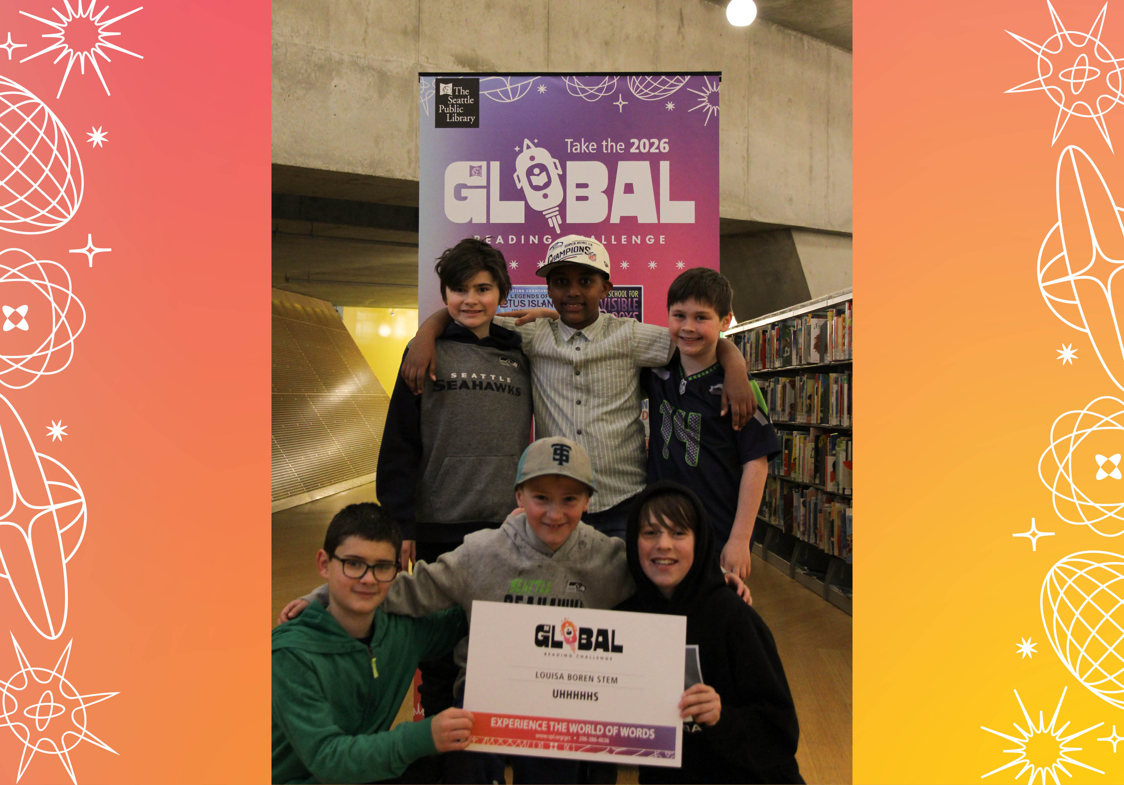 Six members of Louisa Boren STEM's UHHHHHs posing with sign