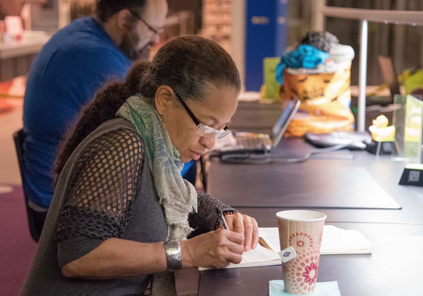 Patron using the Nanowrimo event at Central Library to write a novel