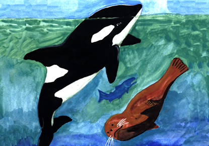 orca and sea otter artwork by Roger Fernandes