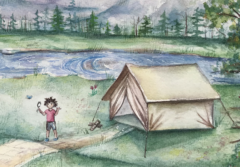 Painting of kids camping near a lake