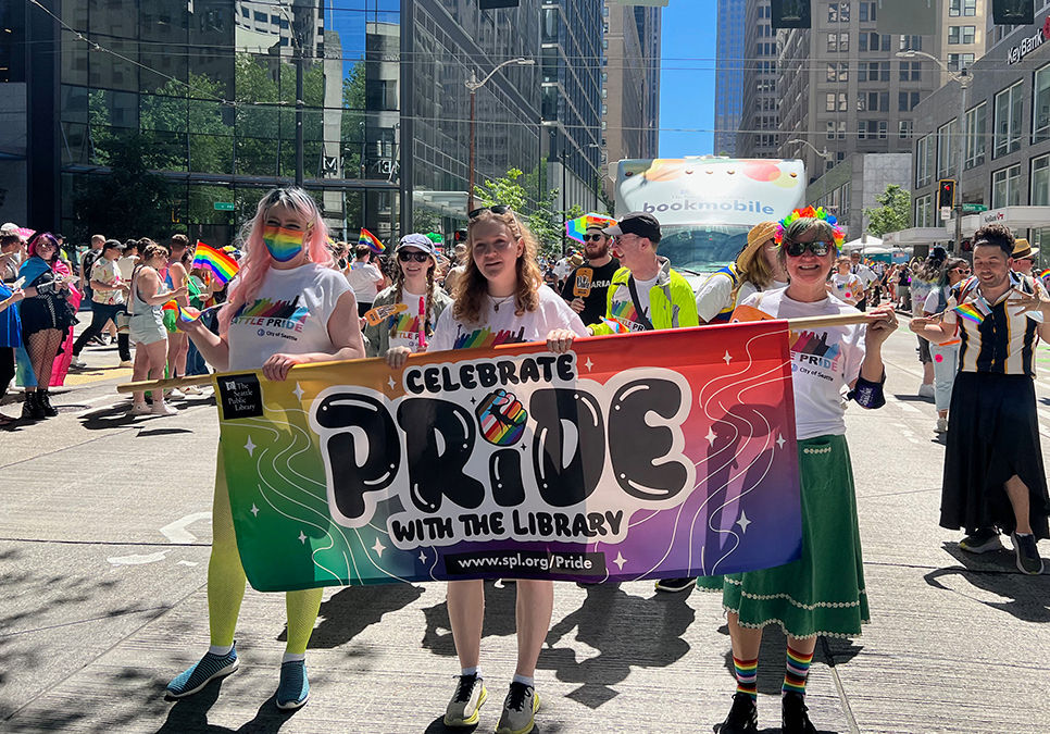 Library staff, friends and family at the Seattle Pride Parade in 2022.