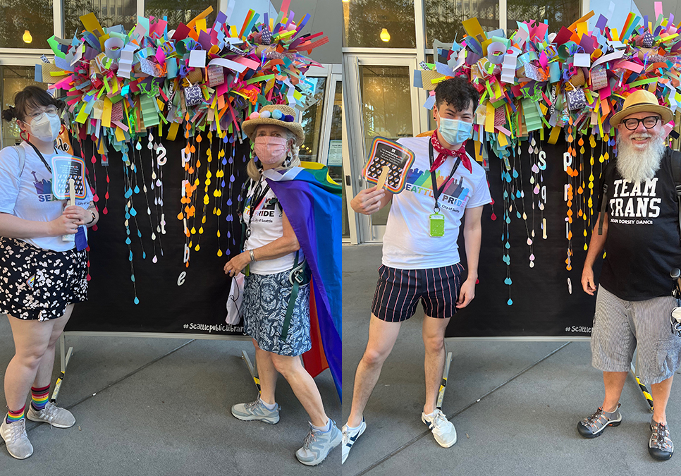 Library staff, friends and family at the Central Library before the Seattle Pride Parade in 2022.