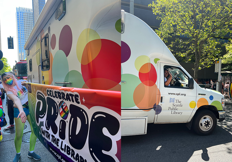 Library staff with the Bookmobile at the Seattle Pride Parade in 2022.