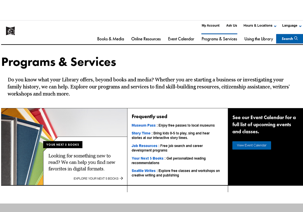 screen shot of the programs and services page on spl.org