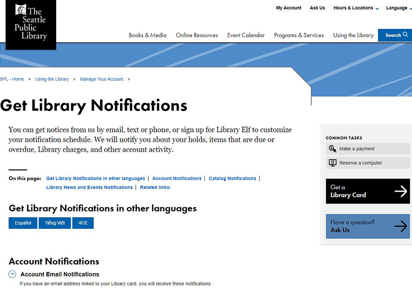 Screenshot of Get Library Notifications page