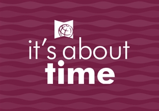 White text on maroon background that reads "it's about time"